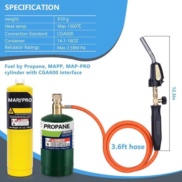 Alt view image 3 of 7 - Propane Torch Hose Kit, Mapp Gas Torch 3600 Soldering Welding Torch | 3.6ft Hose, Push-Button Ignition, Dual Valve Control, Ergonomic Grip, Complete Kit, Professional Grade