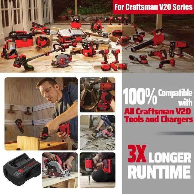 Alt view image 5 of 7 - Upgrade 2Pack 20V 6.0Ah Replacement Battery for Craftsman 20V Battery V20 Lithium ion for CMCB205 CMCB204 CMCB206 CMCB202 CMCB201 20V Cordless Power Tools Craftsman 20V Battery