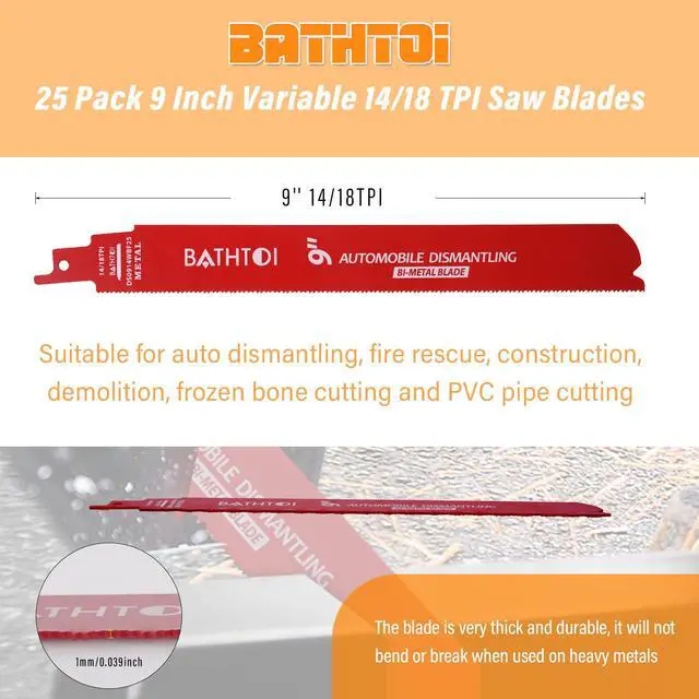 Alt view image 6 of 7 - 25 Pack 9 Inch 14/18 Tpi Reciprocating Saw Blades for Metal Cutting | for Automobile Dismantling, Bi-Metal Sawzall Blades, Dual Tooth Design, with 8% Cobalt, Longer Life & Faster Cutting Speed