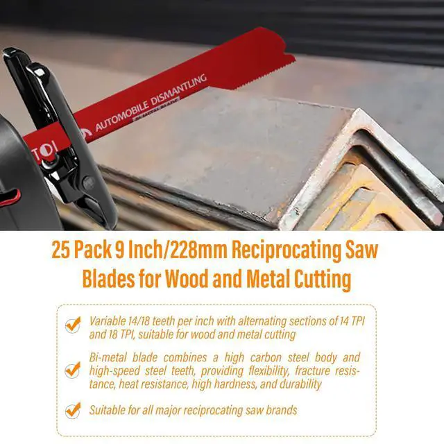 Alt view image 7 of 7 - 25 Pack 9 Inch 14/18 Tpi Reciprocating Saw Blades for Metal Cutting | for Automobile Dismantling, Bi-Metal Sawzall Blades, Dual Tooth Design, with 8% Cobalt, Longer Life & Faster Cutting Speed
