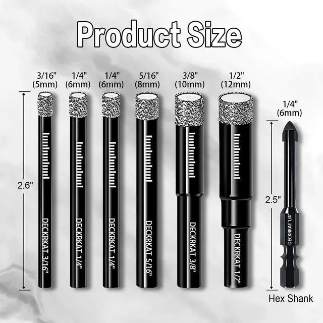 Alt view image 2 of 7 - 7-Piece Dry Diamond Drill Bits & Carbide Tile Drill Bit Set for Tile,Ceramic,Marble,Porcelain,Glass & Granite- 3/16", 1/4" (x2), 5/16", 3/8", 1/2" + 1/4" Masonry Bit