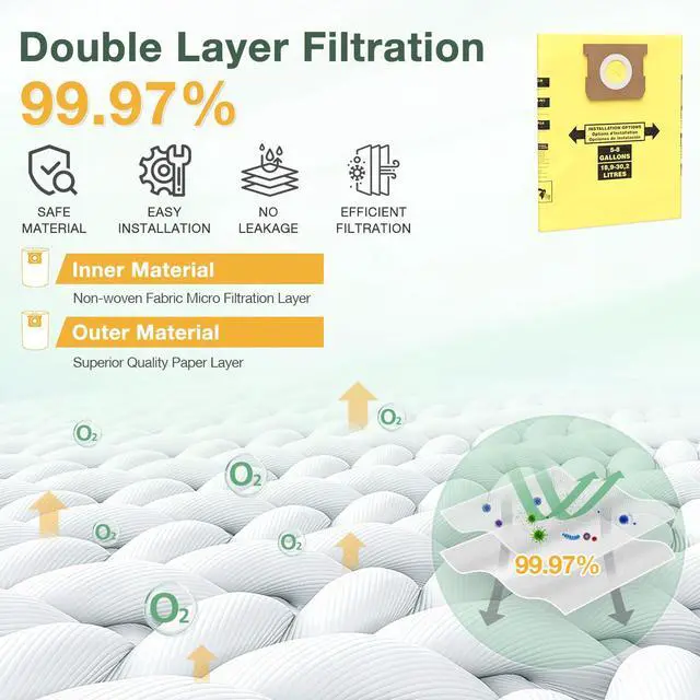 Alt view image 5 of 7 - 15 PCS 5-8 Gallon Wet Dry Vacuum Filter Bags Replacement for Shop Vac Bags | Replace Part Type H #90671 9067100 9067133, Type E #90661 9066100 9066133, VF2004, VHBS VDBSYellow