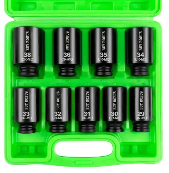 Main image of 1/2" Drive Impact Socket Set, 9-Piece Metric Deep Axle Nut Sockets, 6-Point, Cr-Mo, 29mm, 30mm, 31mm, 32mm, 33mm, 34mm, 35mm, 36mm,38mm