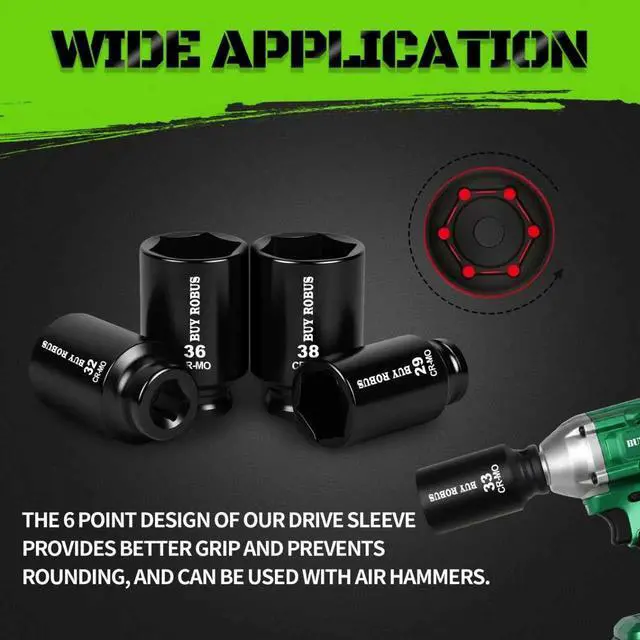 Alt view image 3 of 6 - 1/2" Drive Impact Socket Set, 9-Piece Metric Deep Axle Nut Sockets, 6-Point, Cr-Mo, 29mm, 30mm, 31mm, 32mm, 33mm, 34mm, 35mm, 36mm,38mm