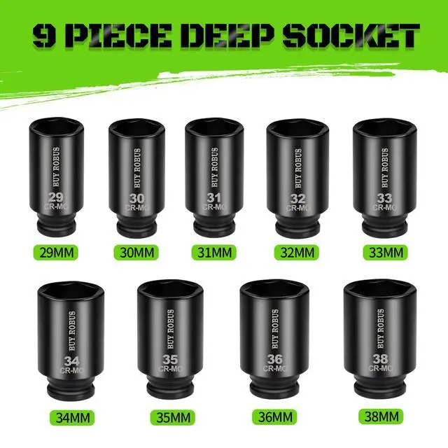 Alt view image 2 of 6 - 1/2" Drive Impact Socket Set, 9-Piece Metric Deep Axle Nut Sockets, 6-Point, Cr-Mo, 29mm, 30mm, 31mm, 32mm, 33mm, 34mm, 35mm, 36mm,38mm