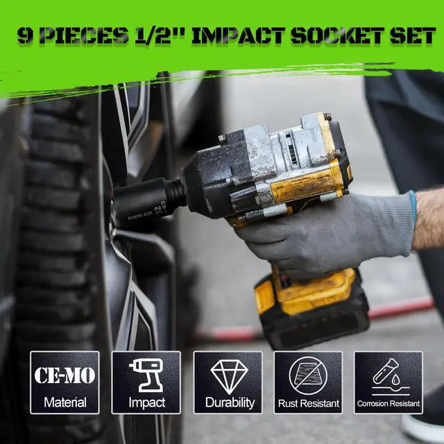 Alt view image 4 of 6 - 1/2" Drive Impact Socket Set, 9-Piece Metric Deep Axle Nut Sockets, 6-Point, Cr-Mo, 29mm, 30mm, 31mm, 32mm, 33mm, 34mm, 35mm, 36mm,38mm