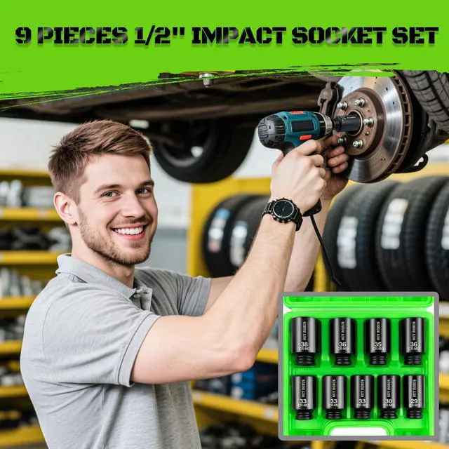 Alt view image 5 of 6 - 1/2" Drive Impact Socket Set, 9-Piece Metric Deep Axle Nut Sockets, 6-Point, Cr-Mo, 29mm, 30mm, 31mm, 32mm, 33mm, 34mm, 35mm, 36mm,38mm