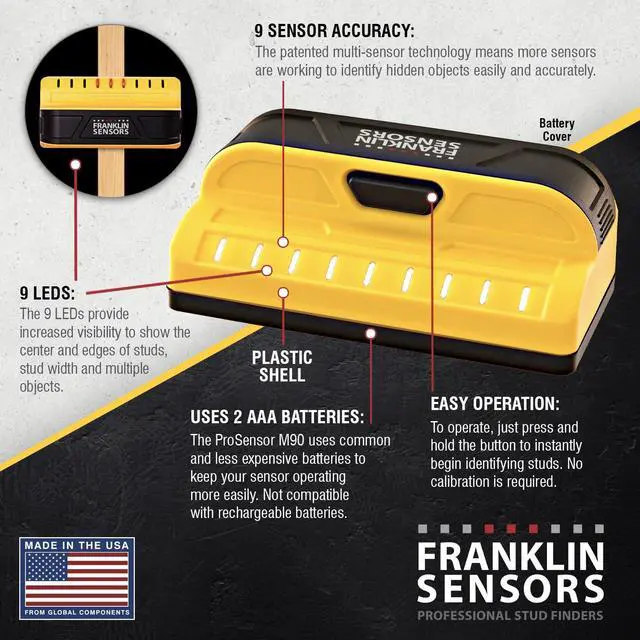 Alt view image 6 of 7 - ProSensor M90 Stud Finder, 9-Sensor Wall Scanner | Wood and Metal Stud Detector, Made in the USA