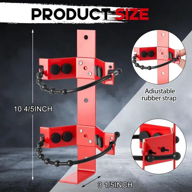 Alt view image 2 of 6 - 2 Pcs Fire Extinguisher Bracket, 2.5 Lb and 5 Lb, Red | Adjustable Wall Mount for Home Garage Truck Rv Boat, Heavy-duty Metal with Chain Strap, Rubber Cushions for Secure Storage