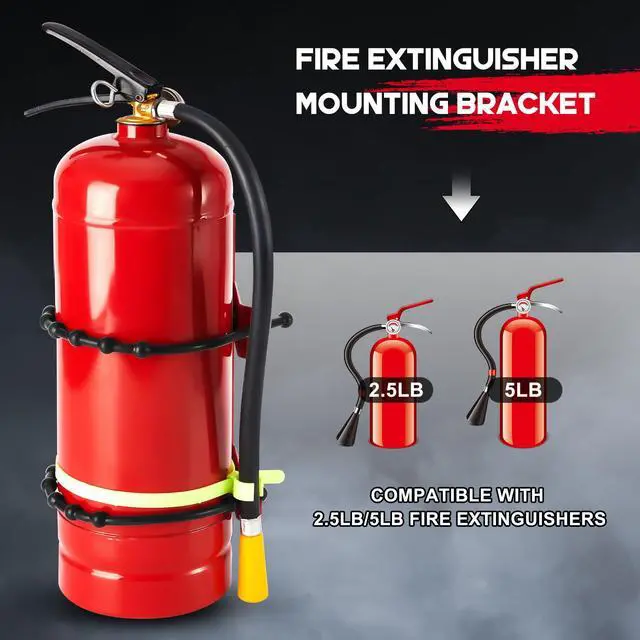 Alt view image 3 of 6 - 2 Pcs Fire Extinguisher Bracket, 2.5 Lb and 5 Lb, Red | Adjustable Wall Mount for Home Garage Truck Rv Boat, Heavy-duty Metal with Chain Strap, Rubber Cushions for Secure Storage