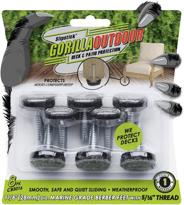 Main image of Gorilla Outdoor Adjustable Furniture Levelers (8 Pack) Weatherproof Screw in Leg Glides for Chairs, Tables, and Outdoor Furniture Feet, 1-1/8 Inch Berber Glide, 5/16-18 BSW Thread