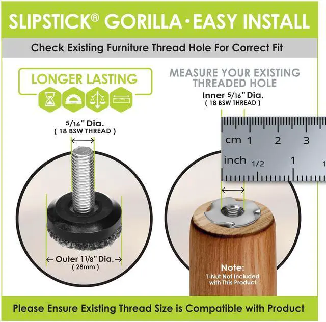 Alt view image 3 of 7 - Gorilla Outdoor Adjustable Furniture Levelers (8 Pack) Weatherproof Screw in Leg Glides for Chairs, Tables, and Outdoor Furniture Feet, 1-1/8 Inch Berber Glide, 5/16-18 BSW Thread