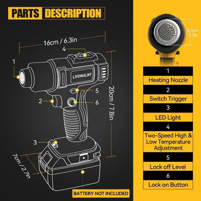Alt view image 2 of 7 - Cordless Heat Gun Compatible with Dewalt 20v Battery (Tool Only), 350W Fast Heating Soldering Hot Air Gun 122-1022 Variable Temperature Control with 5 Nozzles for DIY Craft, Shrink Tubing