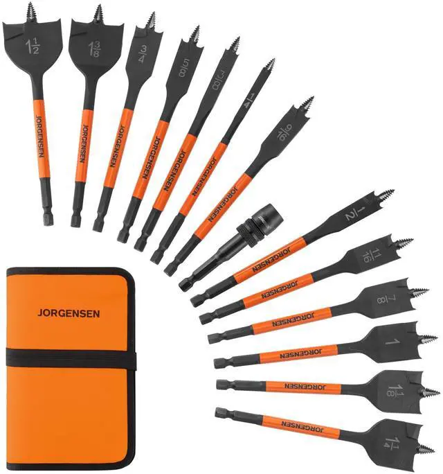 Main image of 14-Piece Spade Drill Bit Set with Storage Pouch, 1/4" to 1-1/2" | Includes 13 Spade Drill Bits and One Quick-Load Connector, 1/4" Hex Shank, Carbon Steel Paddle Bits for Woodworking