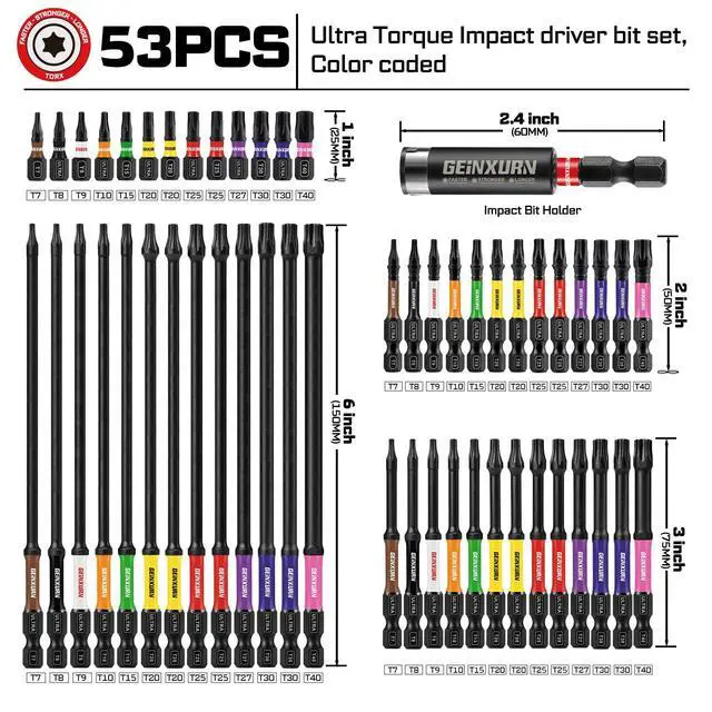 Alt view image 3 of 7 - Impact Torx Screwdriver Bits Set, 52Pcs Magnetic(T7-T40) S2 Steel 1/2/3/6 Long Extension Multi Star Driver Bits and 1Pc Bit Holder with Color Coded Base