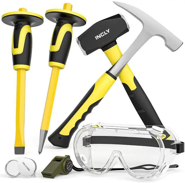 Main image of 7PCS Geology Rock Pick Equipment Kit, Rock Hammer and Chisel Set | 3lb Sledge &32 oz Rock Hammer,2PCS 12" Mason Concrete Chisel,Goggles,Jewelers loupe,For Hounding,GoldMining,Stone Breaking