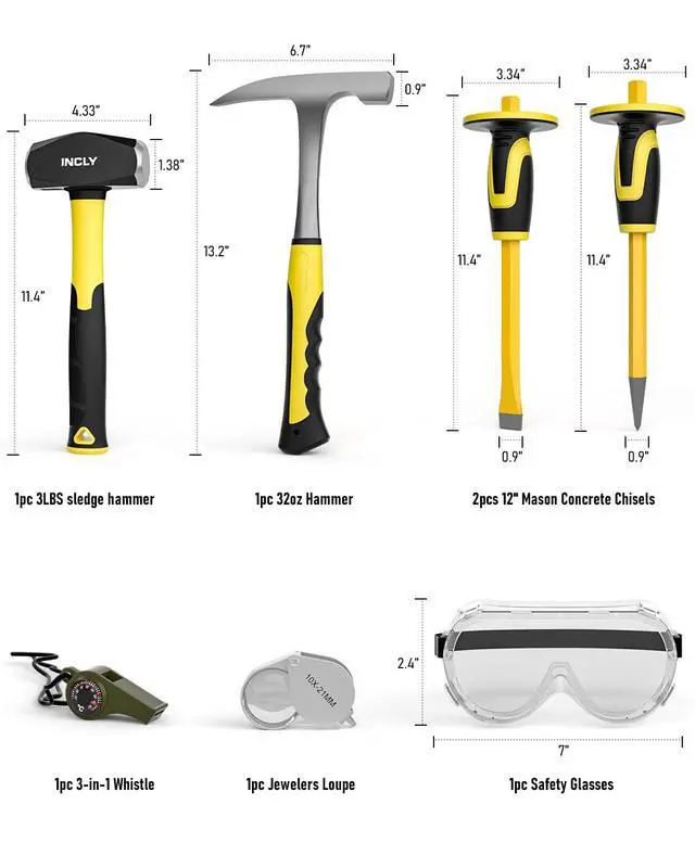 Alt view image 2 of 6 - 7PCS Geology Rock Pick Equipment Kit, Rock Hammer and Chisel Set | 3lb Sledge &32 oz Rock Hammer,2PCS 12" Mason Concrete Chisel,Goggles,Jewelers loupe,For Hounding,GoldMining,Stone Breaking