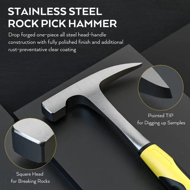 Alt view image 4 of 6 - 7PCS Geology Rock Pick Equipment Kit, Rock Hammer and Chisel Set | 3lb Sledge &32 oz Rock Hammer,2PCS 12" Mason Concrete Chisel,Goggles,Jewelers loupe,For Hounding,GoldMining,Stone Breaking