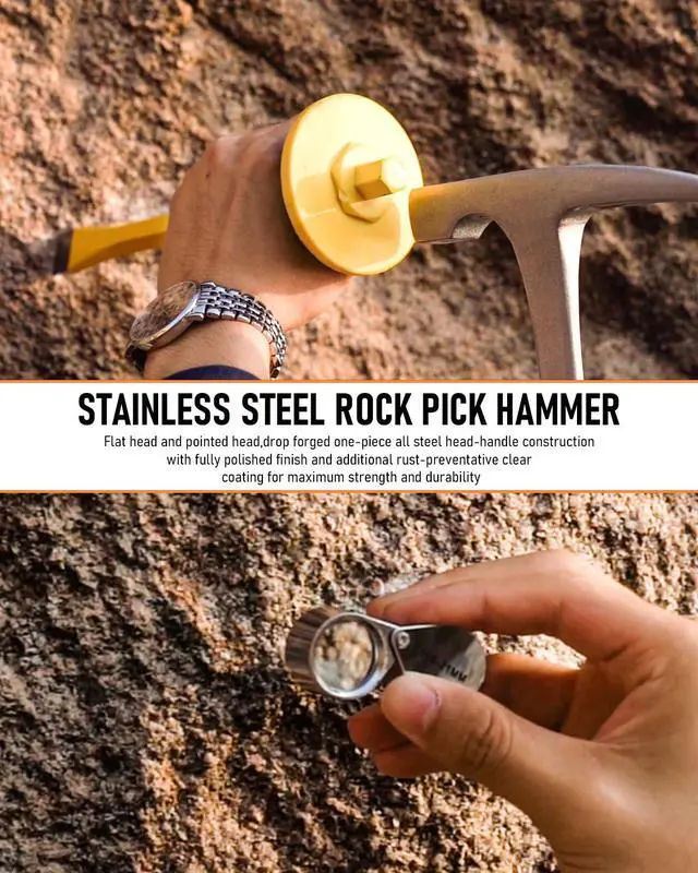 Alt view image 6 of 6 - 7PCS Geology Rock Pick Equipment Kit, Rock Hammer and Chisel Set | 3lb Sledge &32 oz Rock Hammer,2PCS 12" Mason Concrete Chisel,Goggles,Jewelers loupe,For Hounding,GoldMining,Stone Breaking