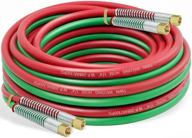 Main image of 25 Feet 1/4" Oxy Acetylene Welding Hose with 9/16"-18 B Fittings | Grade R, Rubber, Twin-Line Torch Hose