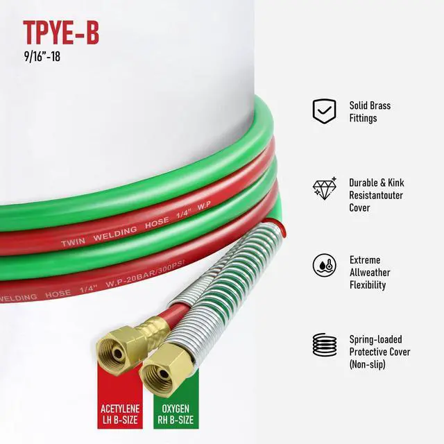Alt view image 2 of 5 - 25 Feet 1/4" Oxy Acetylene Welding Hose with 9/16"-18 B Fittings | Grade R, Rubber, Twin-Line Torch Hose