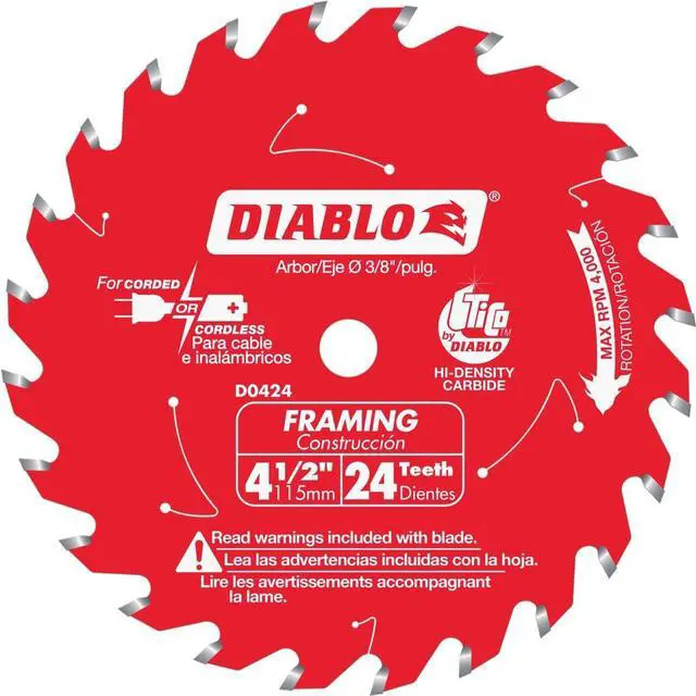Main image of Framing Saw Blade for Wood - 4-1/2" Diameter, 24 Teeth,.059" Kerf | 20° Hook Angle, 4000 Max RPM, Tico Hi-Density Carbide, Non-Stick Perma-Shield Coating - D0424X