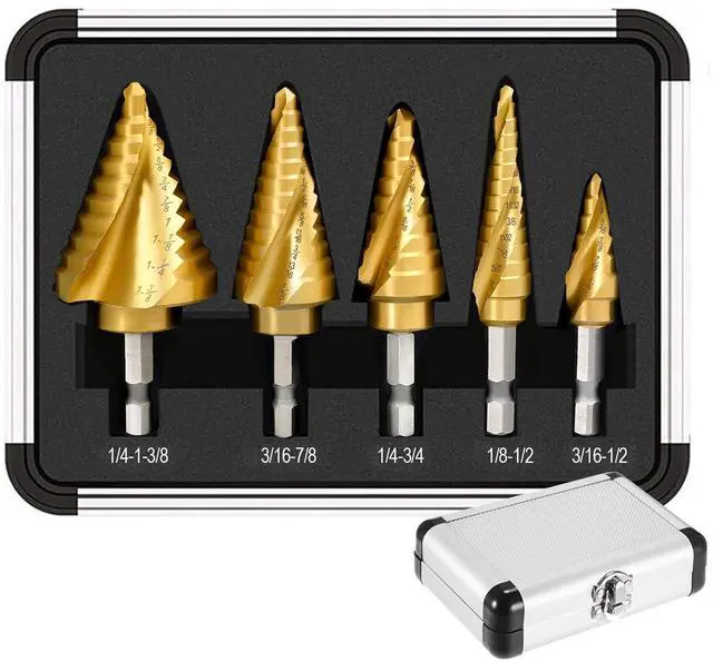 Main image of Step Drill Bit Set for Metal- 5PCS Titanium 4241 HSS Step Bit with Two Straight Flutes, 50 Sizes from 1/16" to 1-3/8" for Aluminum, Wood & Plastic, Unibit for Electricians & DIY