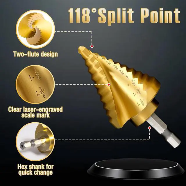 Alt view image 2 of 7 - Step Drill Bit Set for Metal- 5PCS Titanium 4241 HSS Step Bit with Two Straight Flutes, 50 Sizes from 1/16" to 1-3/8" for Aluminum, Wood & Plastic, Unibit for Electricians & DIY