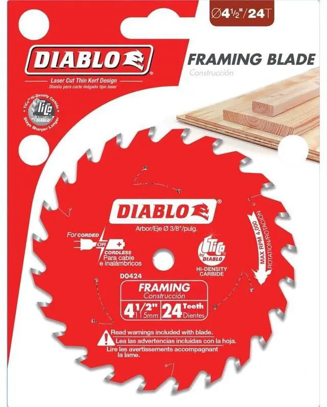 Alt view image 2 of 2 - Framing Saw Blade for Wood - 4-1/2" Diameter, 24 Teeth,.059" Kerf | 20° Hook Angle, 4000 Max RPM, Tico Hi-Density Carbide, Non-Stick Perma-Shield Coating - D0424X