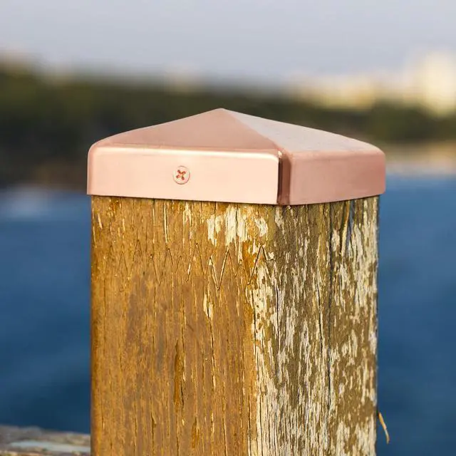 Alt view image 5 of 6 - 4 Pcs 4x4'' Solid Copper Post Caps Fence Pyramid Decking Caps with Screw for Metal Wood Cedar Fence Deck Corridors Mailbox Posts End Cover