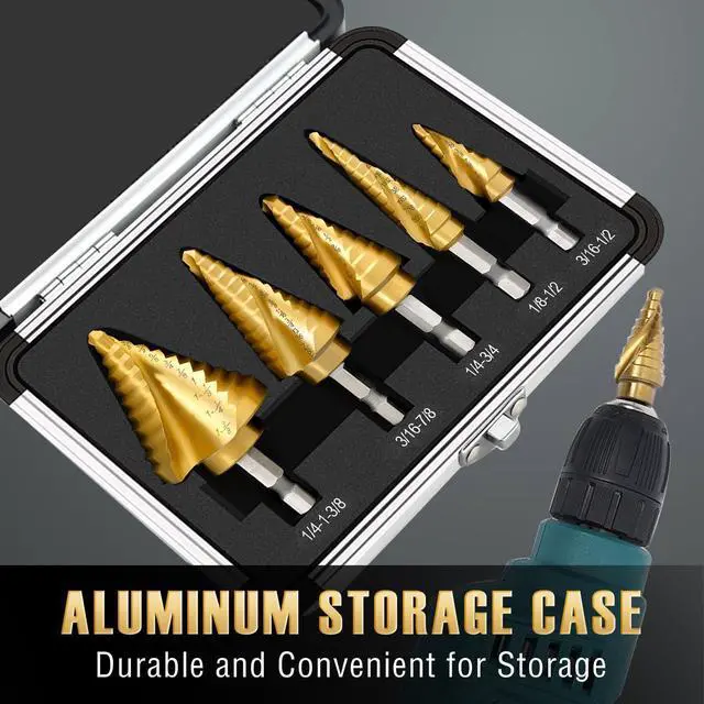Alt view image 3 of 7 - Step Drill Bit Set for Metal- 5PCS Titanium 4241 HSS Step Bit with Two Straight Flutes, 50 Sizes from 1/16" to 1-3/8" for Aluminum, Wood & Plastic, Unibit for Electricians & DIY