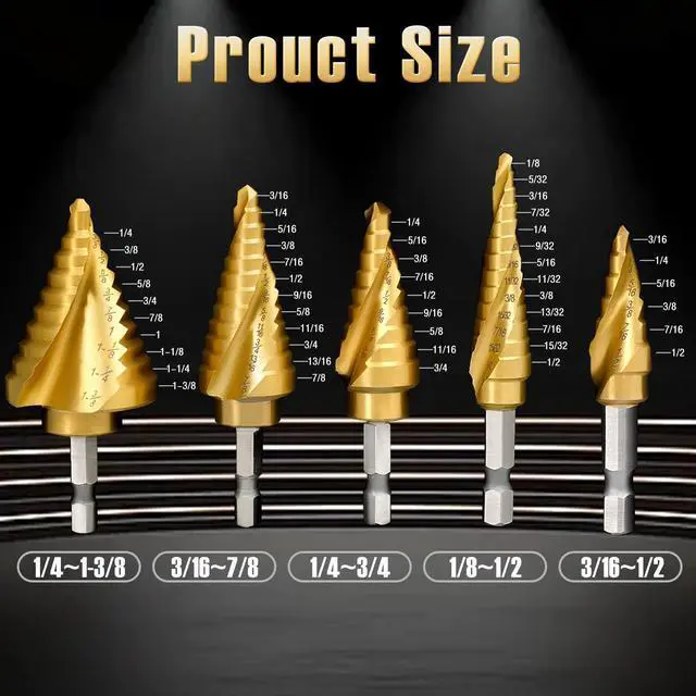 Alt view image 4 of 7 - Step Drill Bit Set for Metal- 5PCS Titanium 4241 HSS Step Bit with Two Straight Flutes, 50 Sizes from 1/16" to 1-3/8" for Aluminum, Wood & Plastic, Unibit for Electricians & DIY