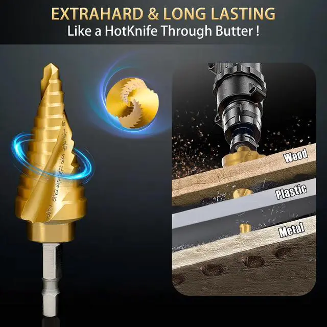 Alt view image 5 of 7 - Step Drill Bit Set for Metal- 5PCS Titanium 4241 HSS Step Bit with Two Straight Flutes, 50 Sizes from 1/16" to 1-3/8" for Aluminum, Wood & Plastic, Unibit for Electricians & DIY