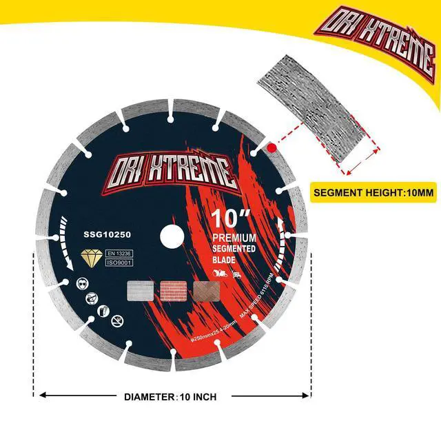 Alt view image 2 of 6 - 10 Inch Diamond Saw Blade, General Purpose Segmented Blade | Dry/Wet Cutting Concrete, Masonry, Brick, Block, 7/8"-5/8" Arbor