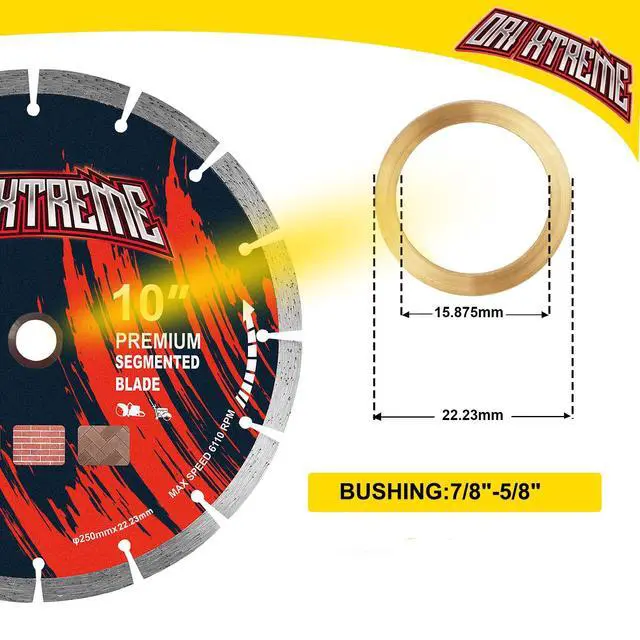 Alt view image 3 of 6 - 10 Inch Diamond Saw Blade, General Purpose Segmented Blade | Dry/Wet Cutting Concrete, Masonry, Brick, Block, 7/8"-5/8" Arbor