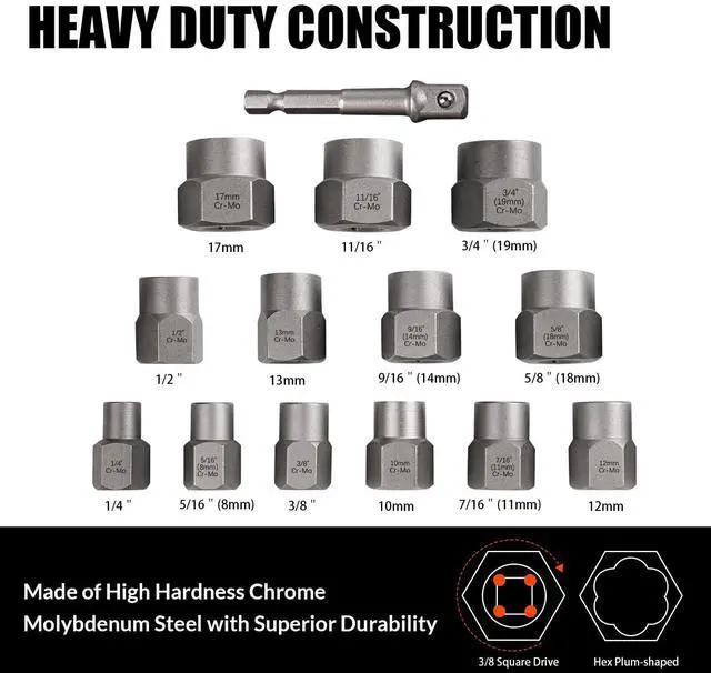Alt view image 2 of 6 - Bolt Extractor Kit,13Pcs Stripped Bolt Extractor Set for Impact Bolt&Nut | Heavy Duty,Durable&Resistant Damage,Multiple Size Options,Organized Box,Easy Out Bolts Nuts,Gifts for Men,Home DIY
