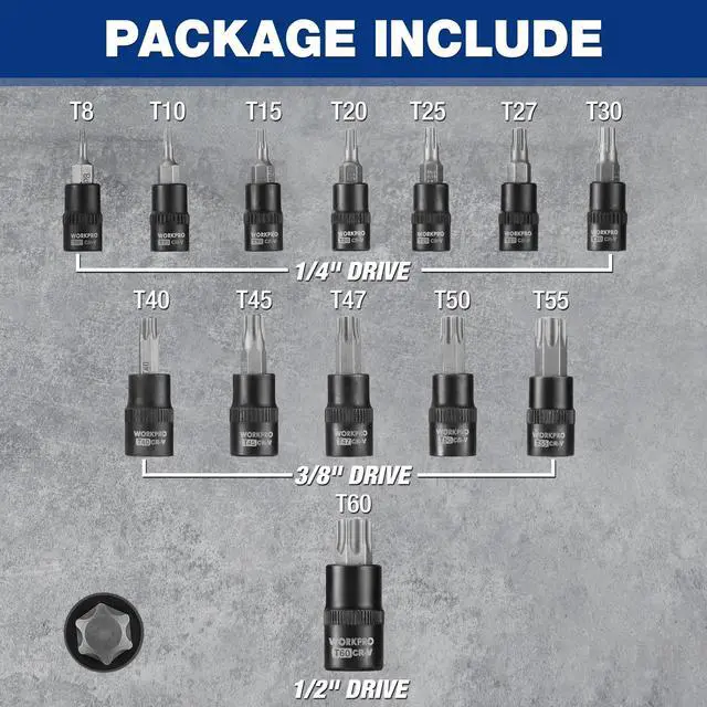 Alt view image 4 of 7 - Torx Bit Socket Set, Premium S2 Bits & CR-V Sockets,13-Piece T8-T60