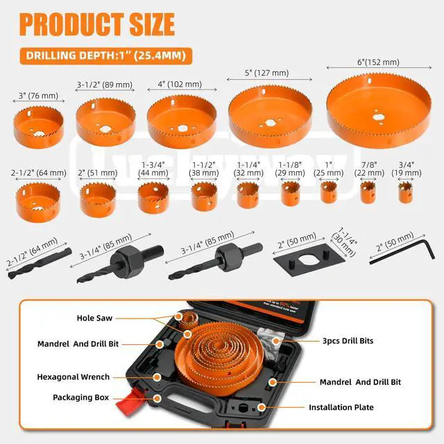 Alt view image 2 of 7 - Hole Saw Kit Pro, 24PCS Hole Saw Set with 3/4"-6"(19-152mm) 14PCS Hole Saws, Double-Ground Teeth for Clean Cutting, Ideal for Soft Wood, Plywood, Drywall, PVC