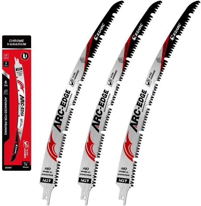 Main image of Arc Edge Reciprocating Saw Blades, 15-Inch 6TPI for Pruning, 3-Pack | U-Groove Chip Removal, Extra-Long Arc Edge, Fleam Ground Teeth, Deep Gullets, Up to 3x Life, for Tree Trimming, Green Wood
