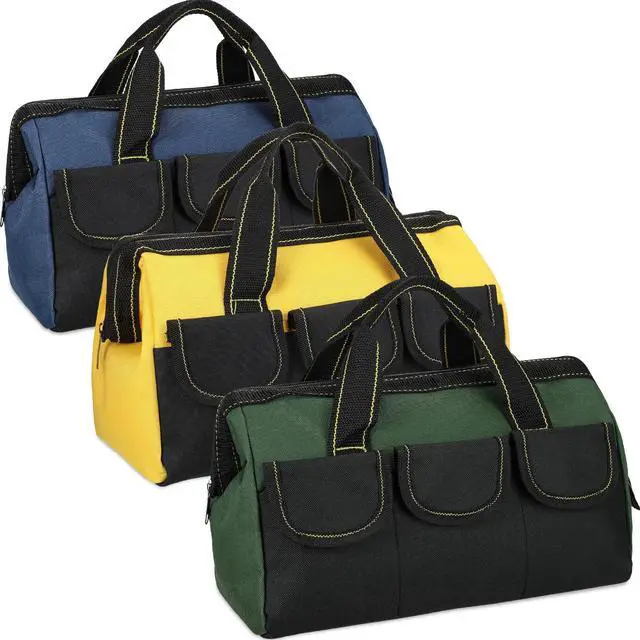 Main image of 3 Pack Tool Bag for Men with Waterproof Hard Bottom, Heavy Duty Tool Bag Wide Mouth Tote for Various Instrument, Electrician Carpenter Mechanic(Blue, Yellow, Army Green,13 Inch,Classic)