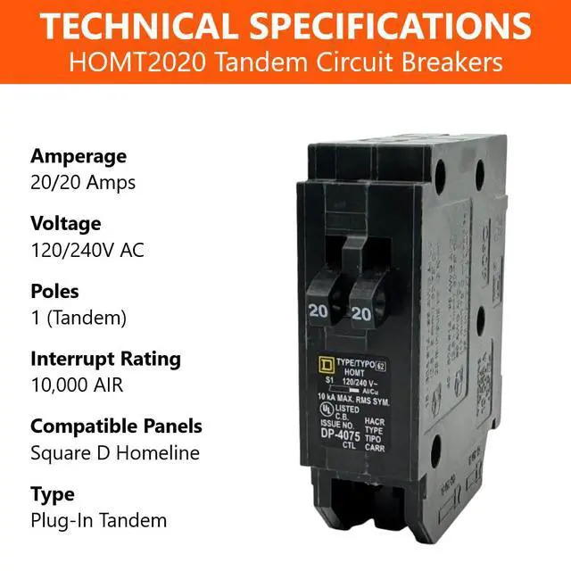 Alt view image 2 of 7 - Genuine Square D HOMT2020 20/20 Amp Tandem Circuit Breaker Kit | UL Listed, Space Saver for Homeline Panel Box, Workshop, Garage, RV, 20A, 120V, 10kAIC, 20Amp, 1 Pole HOMT, 1 Pack