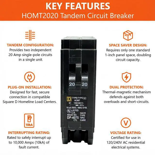 Alt view image 3 of 7 - Genuine Square D HOMT2020 20/20 Amp Tandem Circuit Breaker Kit | UL Listed, Space Saver for Homeline Panel Box, Workshop, Garage, RV, 20A, 120V, 10kAIC, 20Amp, 1 Pole HOMT, 1 Pack