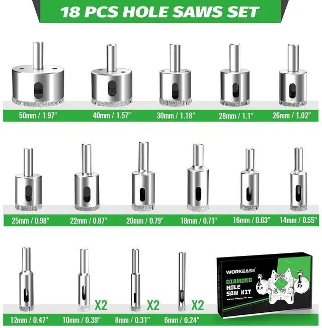 Alt view image 5 of 7 - Diamond Hole Saw Kit, 18 PCS Tile Hole Saw Kit with Double Suction Cup Guide, 6-50 mm Dry/Wet Drill Bits Set for Ceramic, Glass, Porcelain, Marble, Granite