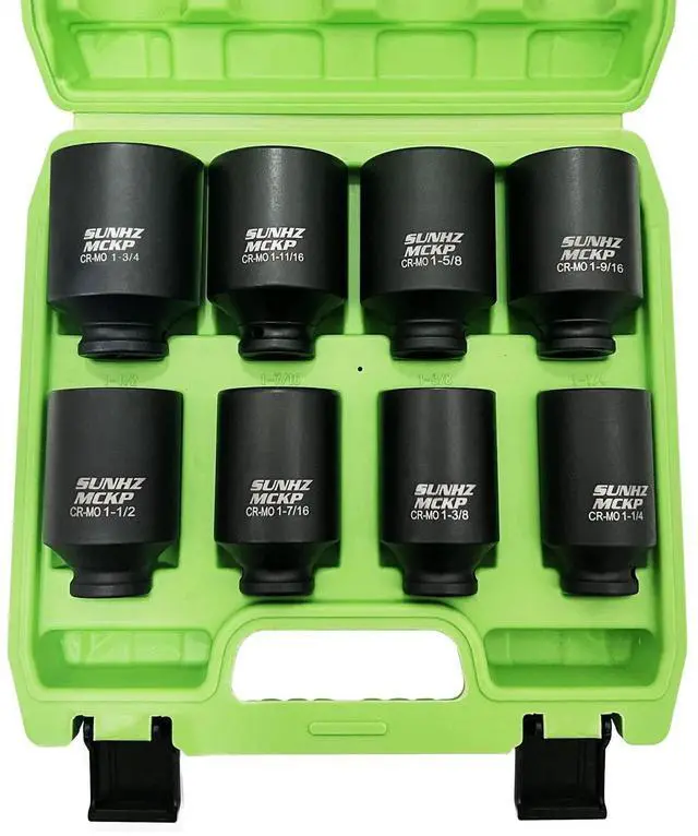 Main image of SUNHZMCKP 1/2" Drive Deep 6-Point Impact Socket Set, 8-Piece Standard SAE Spindle Axle Nut Impact Socket Set, Cr-Mo, 1-1/4-Inch to 1-3/4-Inch Size