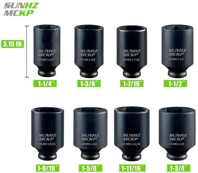 Alt view image 2 of 7 - SUNHZMCKP 1/2" Drive Deep 6-Point Impact Socket Set, 8-Piece Standard SAE Spindle Axle Nut Impact Socket Set, Cr-Mo, 1-1/4-Inch to 1-3/4-Inch Size