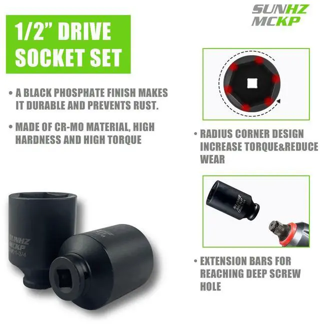 Alt view image 3 of 7 - SUNHZMCKP 1/2" Drive Deep 6-Point Impact Socket Set, 8-Piece Standard SAE Spindle Axle Nut Impact Socket Set, Cr-Mo, 1-1/4-Inch to 1-3/4-Inch Size