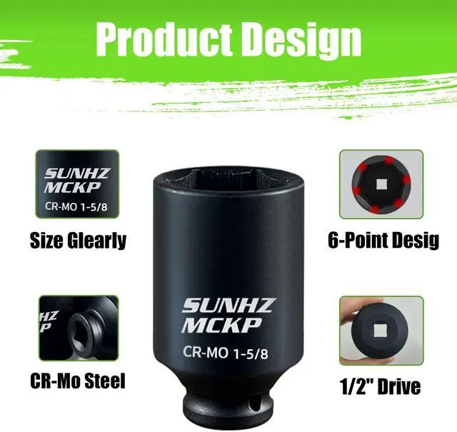 Alt view image 4 of 7 - SUNHZMCKP 1/2" Drive Deep 6-Point Impact Socket Set, 8-Piece Standard SAE Spindle Axle Nut Impact Socket Set, Cr-Mo, 1-1/4-Inch to 1-3/4-Inch Size