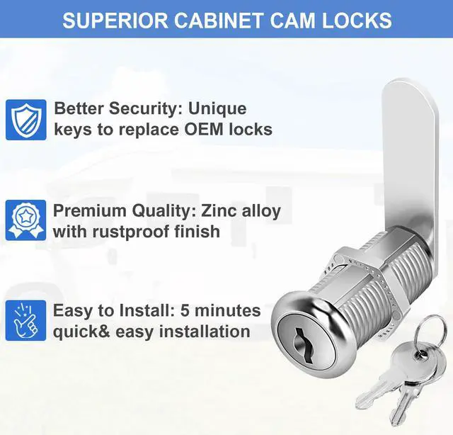 Alt view image 4 of 7 - Cabinet Locks with Keys, 1-1/2" Long Cam Locks keyed Alike, Cabinet Cam Lock Set for Cabinets, RV Storage, Tool Box, Thick Drawer, Zinc Alloy (2 Pack, 1-1/2 Inch)