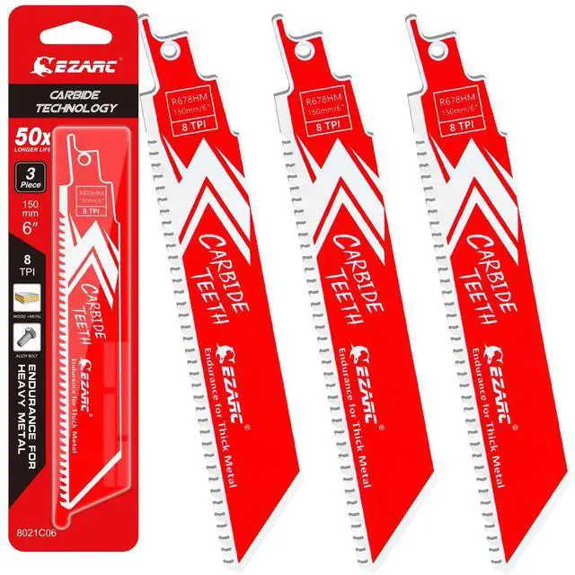 Main image of Carbide Reciprocating Saw Blades, 6-Inch 8TPI, Thick Metal, 3-Pack | Carbide Teeth, Up to 50x Longer Life Than Bi-Metal, Cuts Cast Iron, Alloy Steel, Stainless Steel, Rebar, Car Beams
