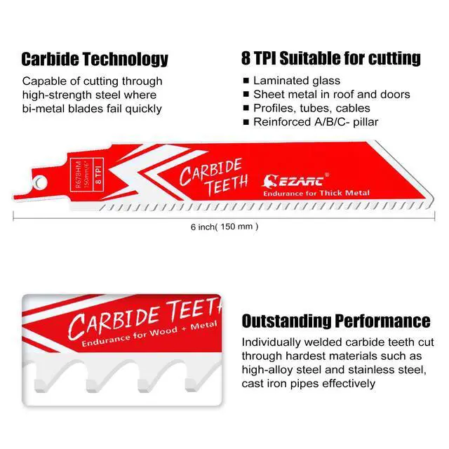 Alt view image 2 of 6 - Carbide Reciprocating Saw Blades, 6-Inch 8TPI, Thick Metal, 3-Pack | Carbide Teeth, Up to 50x Longer Life Than Bi-Metal, Cuts Cast Iron, Alloy Steel, Stainless Steel, Rebar, Car Beams